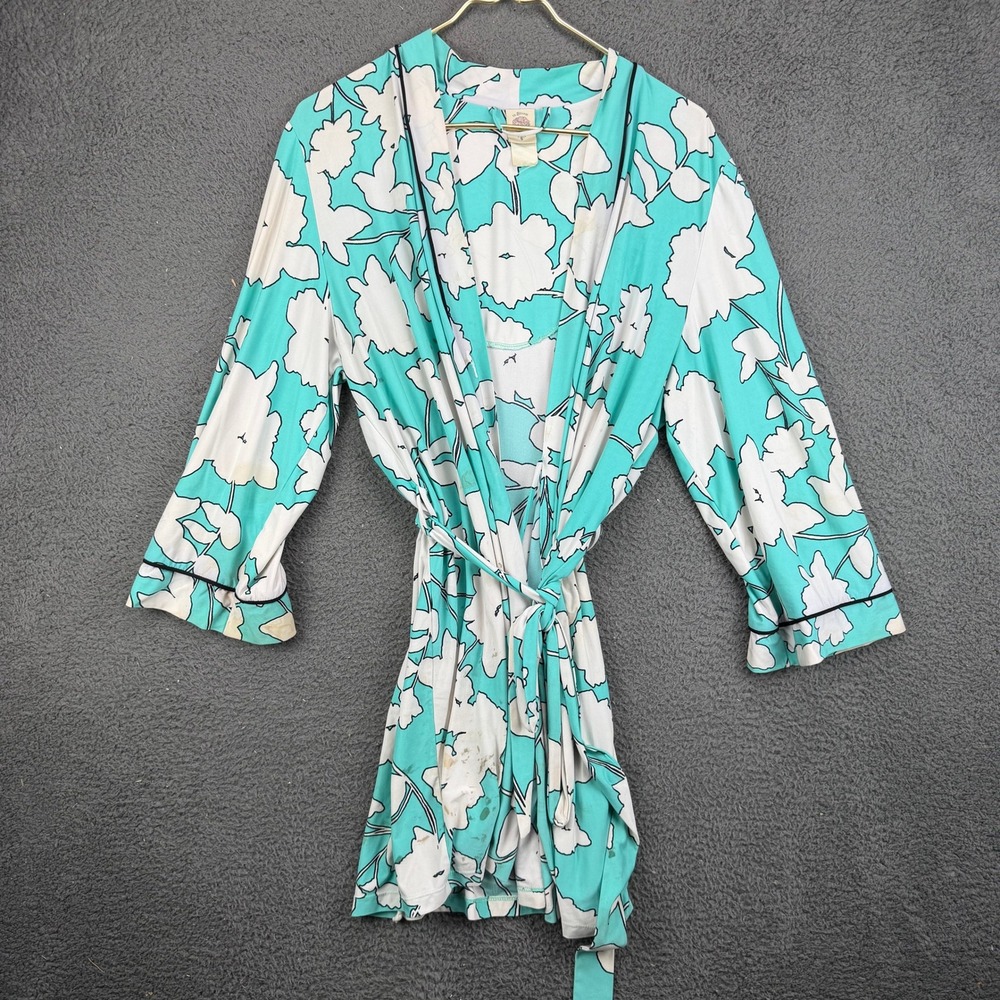In Bloom by Jonquil Floral Short Robe Teal White Kimono Style Belted Loungewear